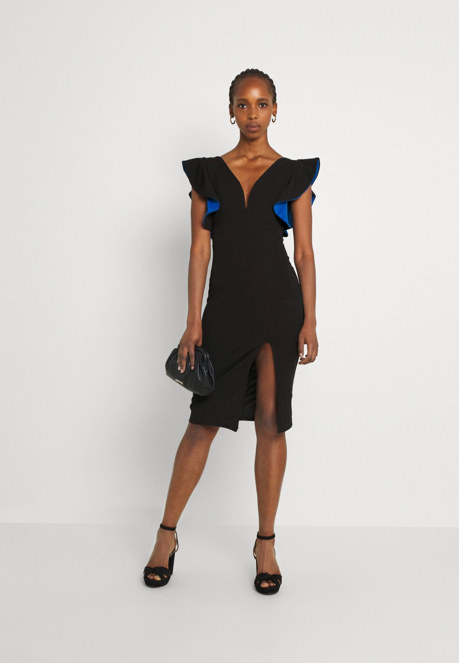 Wal G V Neck Ruffle Sleeve Midi Dress - Cocktailjurk - Black/Royal Blue 4 Wal G V Neck Ruffle Sleeve Midi Dress - Cocktailjurk - Black/Royal Blue - Afbeelding 2